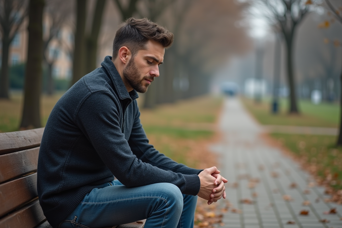 Homme pensif assis dans un parc urbain