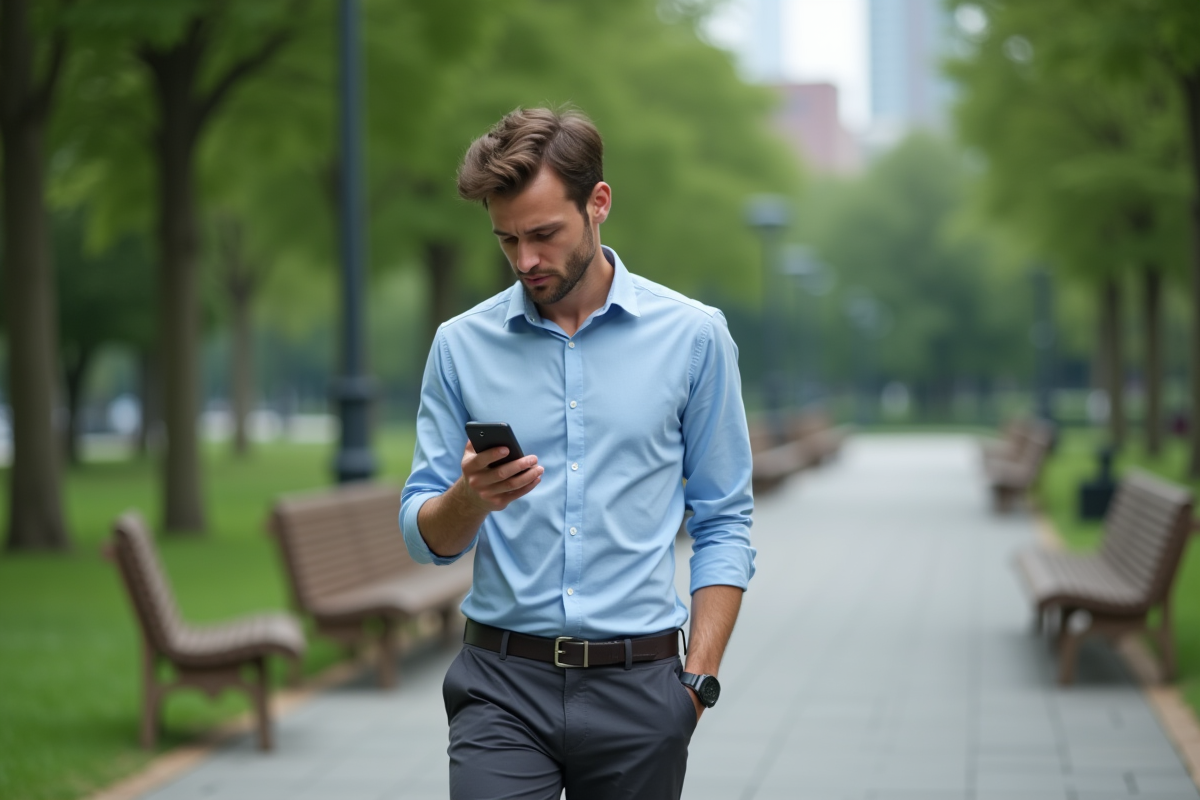 Homme marche dans un parc urbain calme