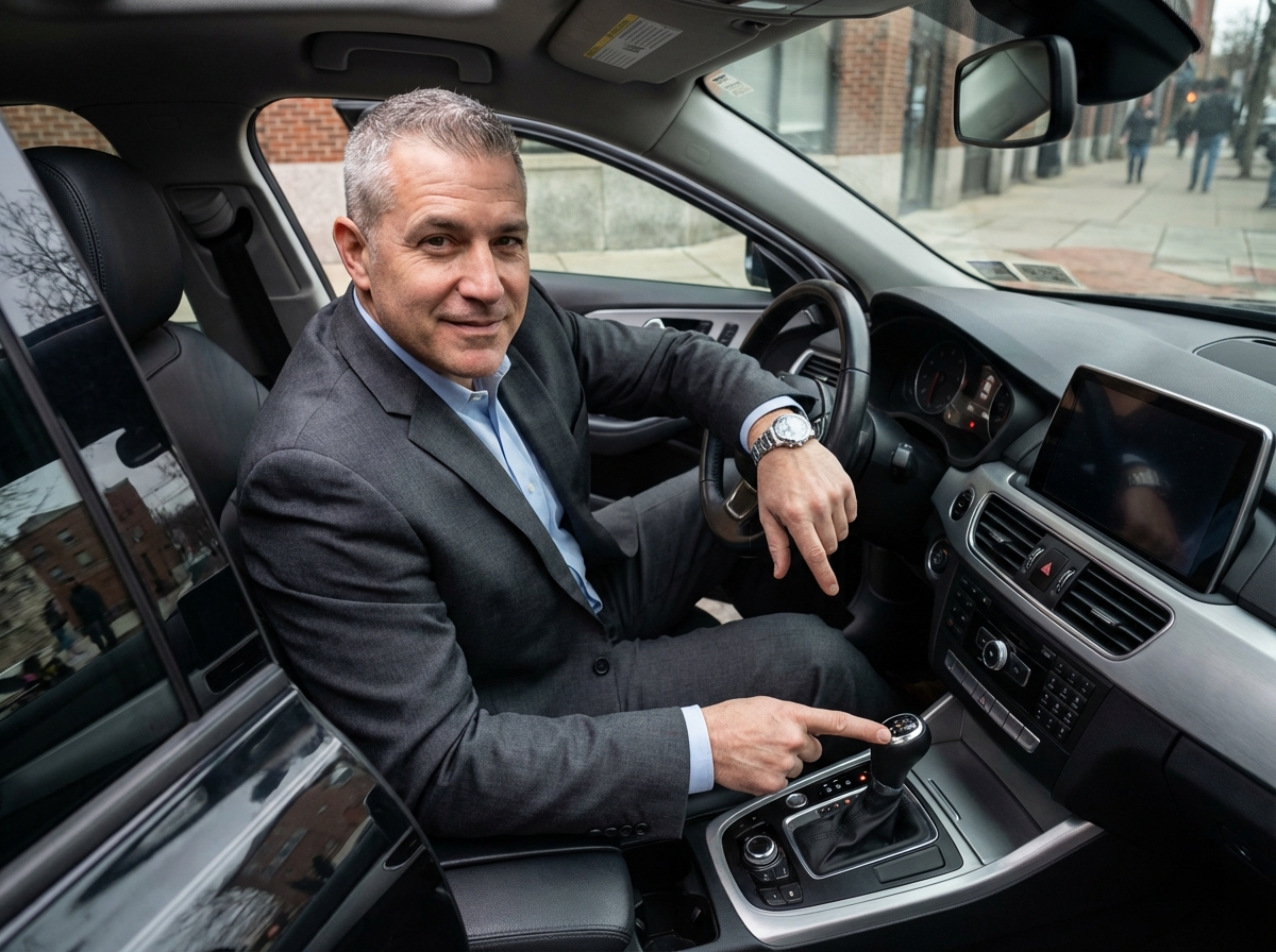 Homme expliquant le panneau PRND dans la voiture