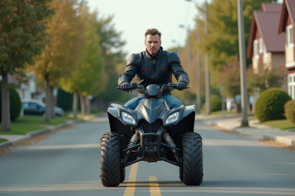 Homme en moto jacket sur quad en banlieue