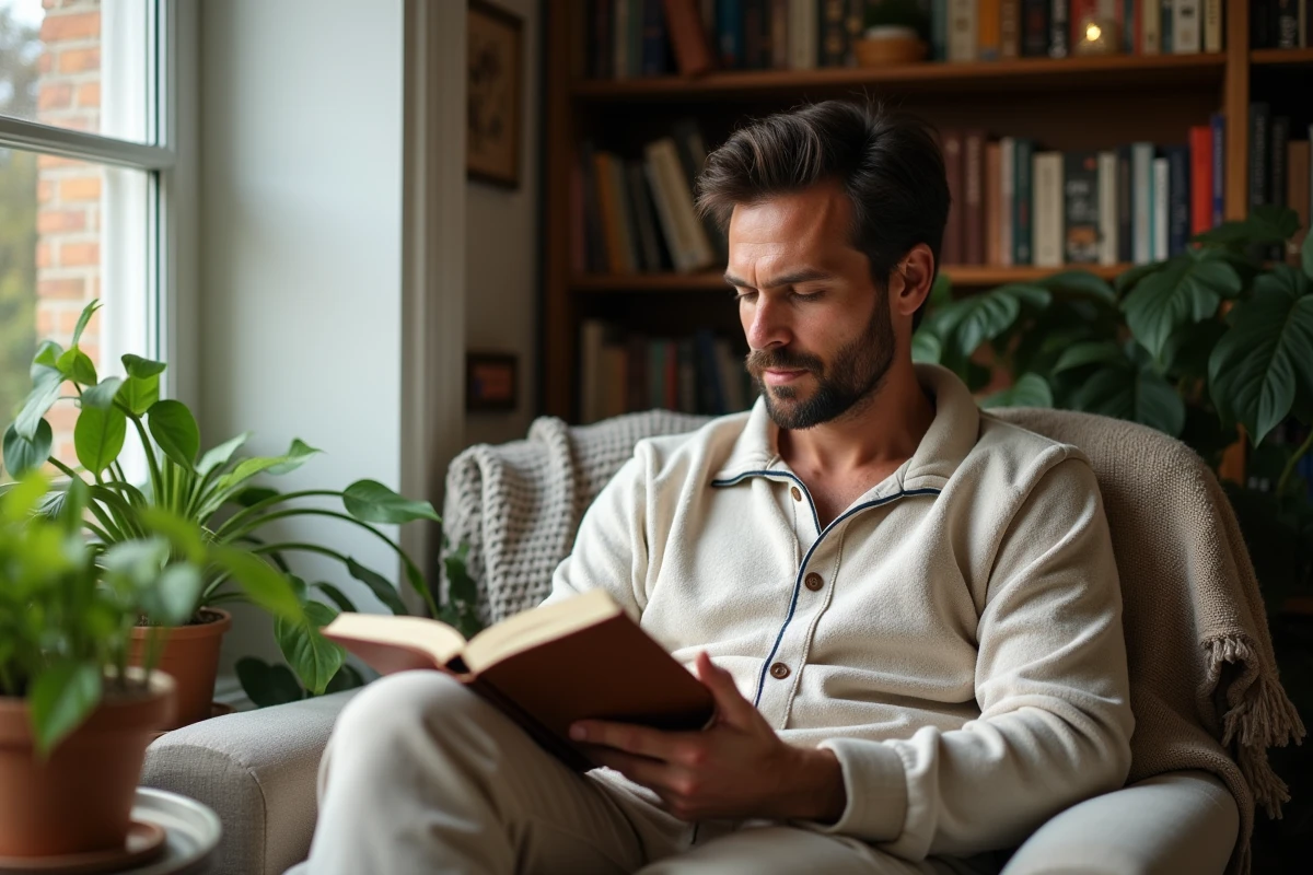 Homme lisant un journal dans un coin lecture cosy