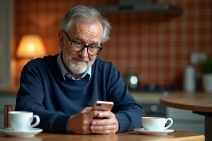 Homme consultant les résultats du Keno midi sur son smartphone dans une cuisine française
