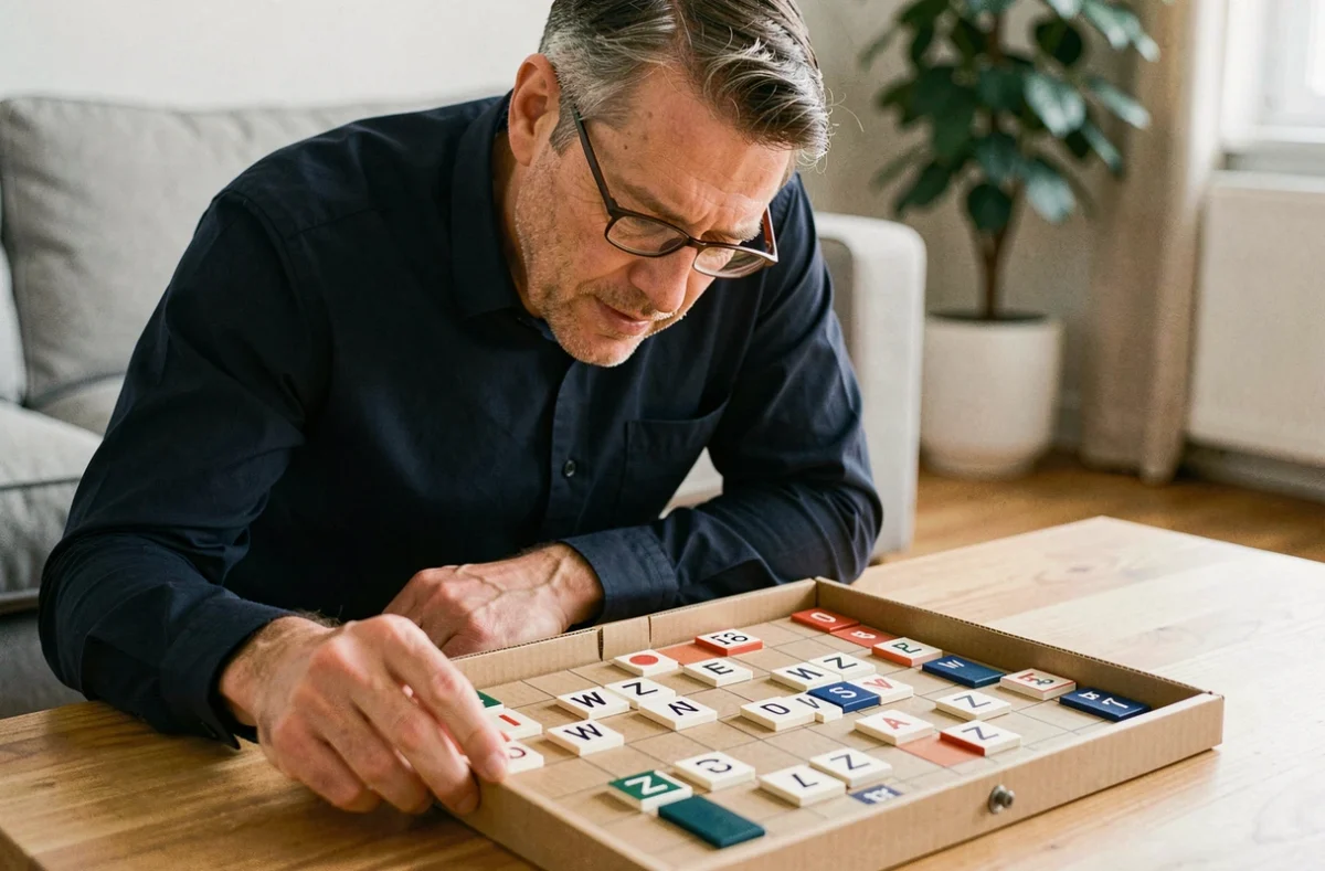 Homme avec lunettes analysant un chevalet de Scrabble avec les lettres W et Z visibles