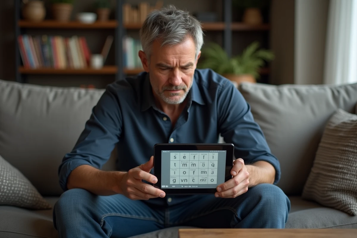 Homme résolvant un puzzle 4 Images 1 Mot à 9 lettres sur une tablette dans un salon