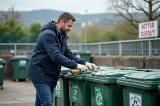Homme en veste marine triant des recyclables au site de Tours