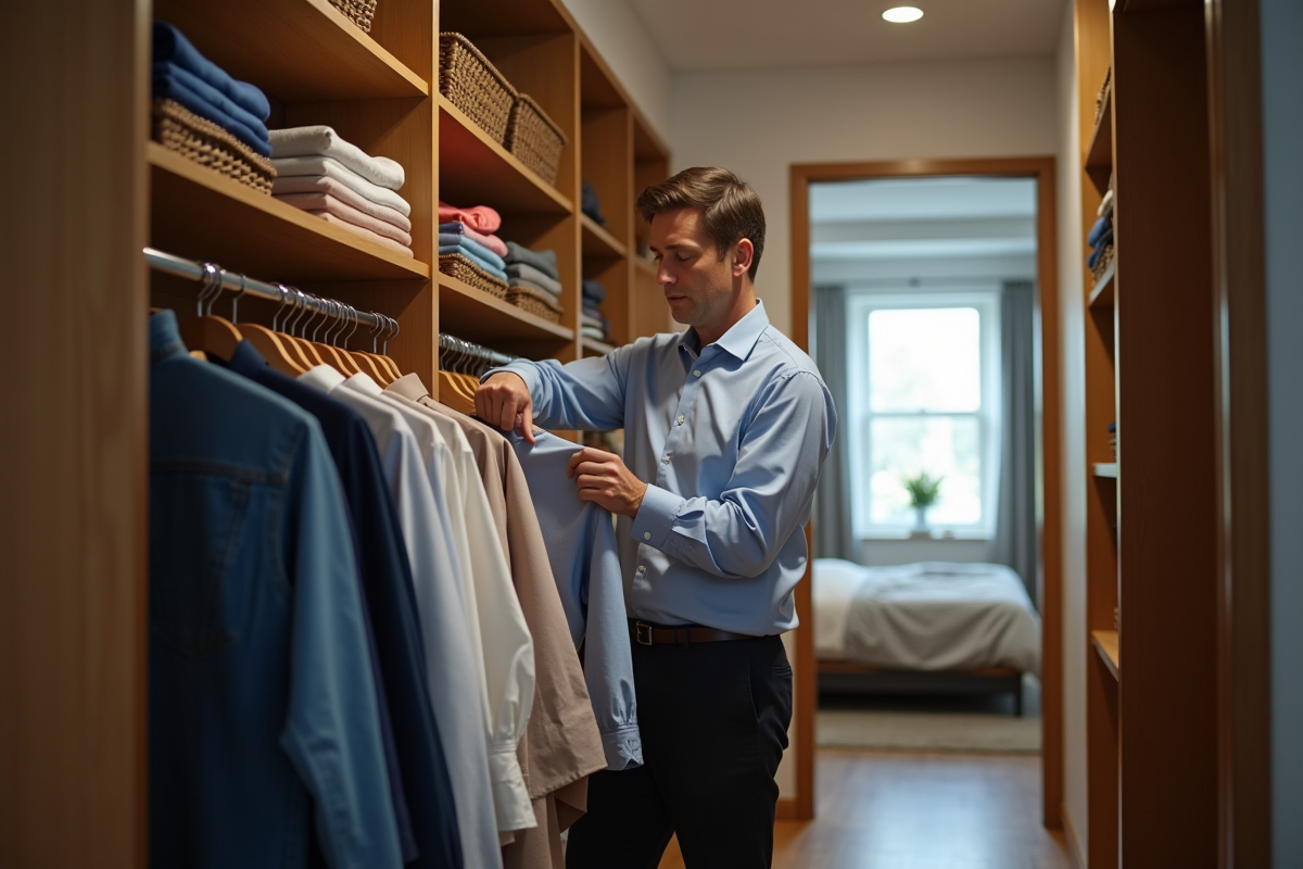 Homme triant des chemises par couleur dans un dressing spacieux