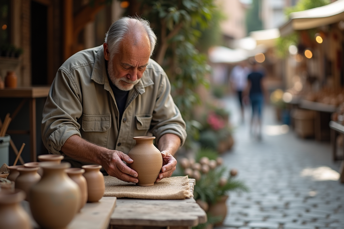 Homme inspectant un vase en céramique lors d