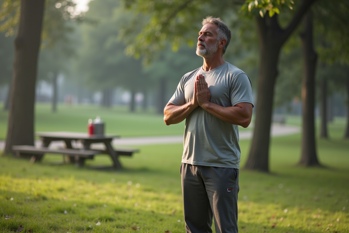 Homme en posture de yoga dans un parc urbain au matin