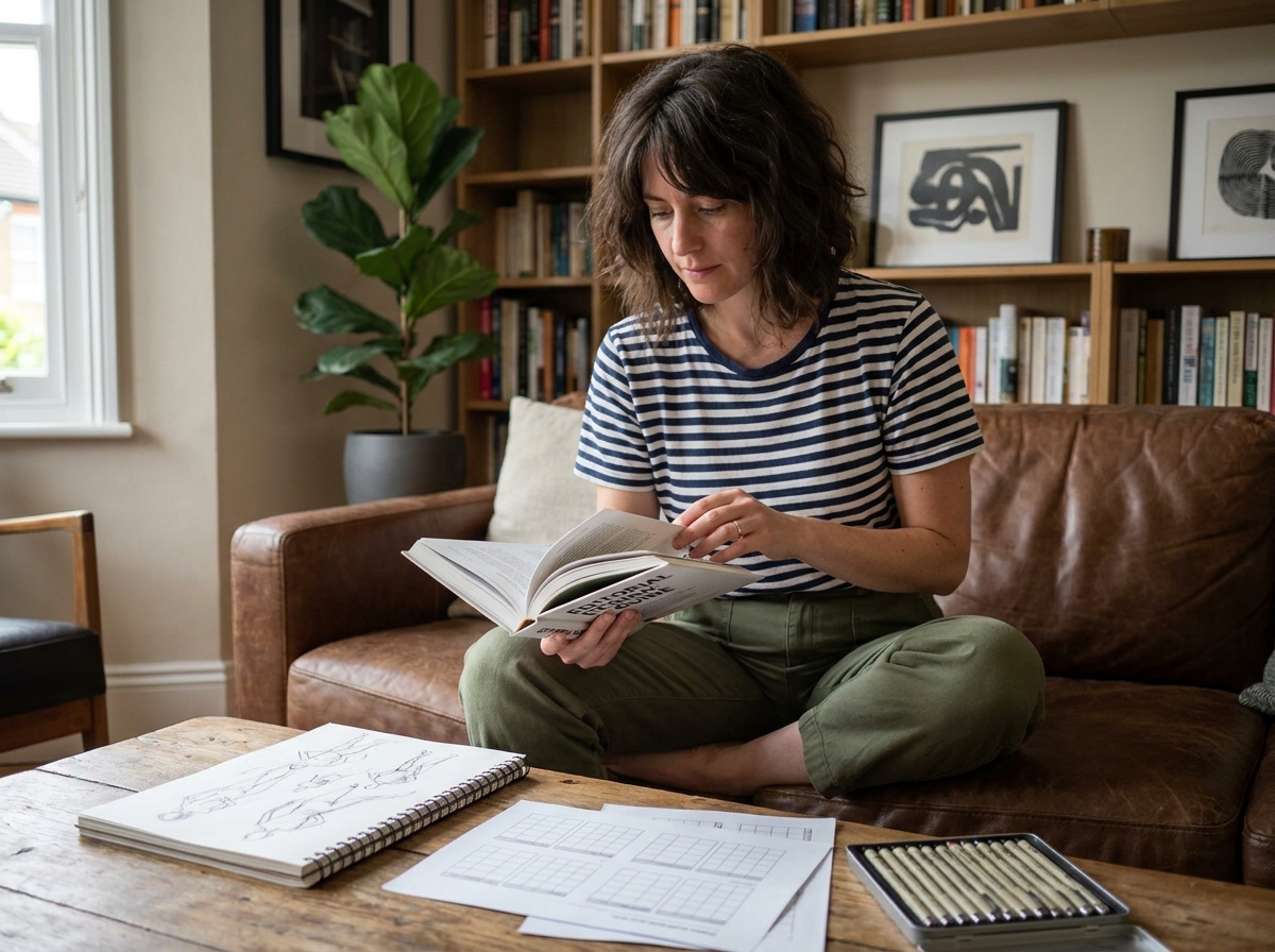 Jeune femme illustratrice lisant un livre de design éditorial entourée de ses carnets de croquis dans un espace de vie créatif et chaleureux