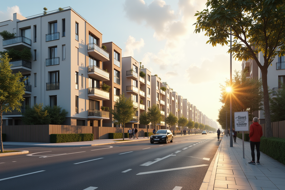 Rue urbaine avec immeubles neufs et panneau a vendre