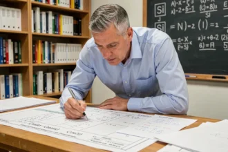 Ingénieur étudiant des tableaux de conversion d'unités SI et MDAN sur une table de travail technique