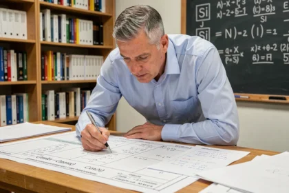 Ingénieur étudiant des tableaux de conversion d'unités SI et MDAN sur une table de travail technique