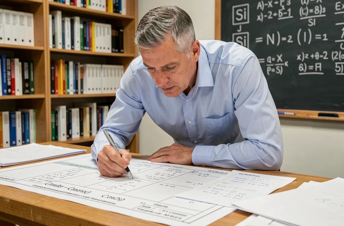 Ingénieur étudiant des tableaux de conversion d'unités SI et MDAN sur une table de travail technique
