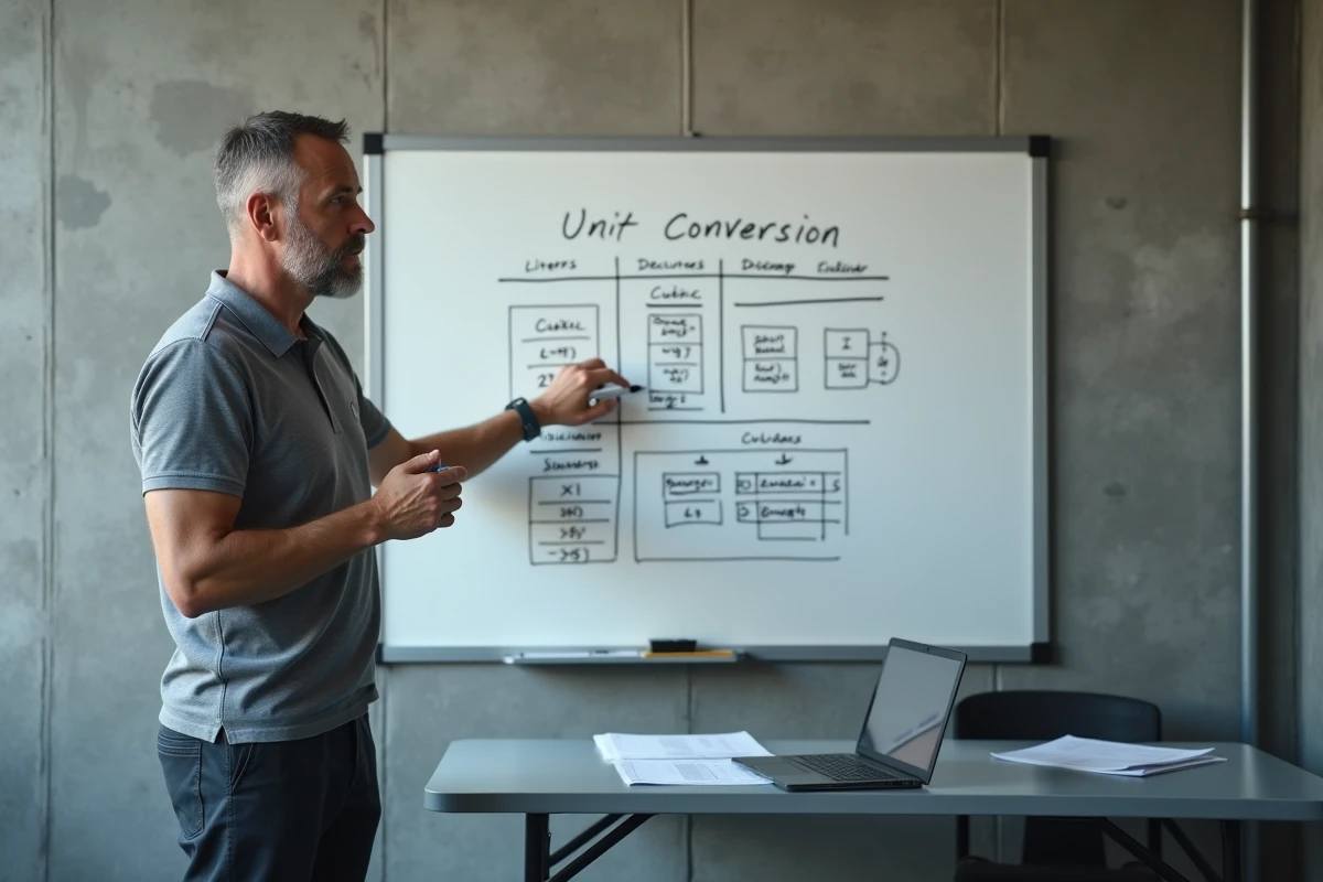 Ingénieur expliquant un tableau de conversion d'unités de volume sur un tableau blanc