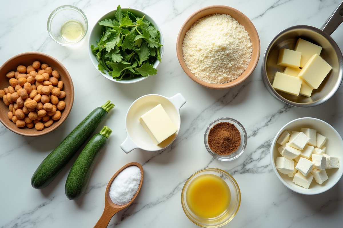 Ingrédients pour cake courgette feta sur plan de cuisine lumineux