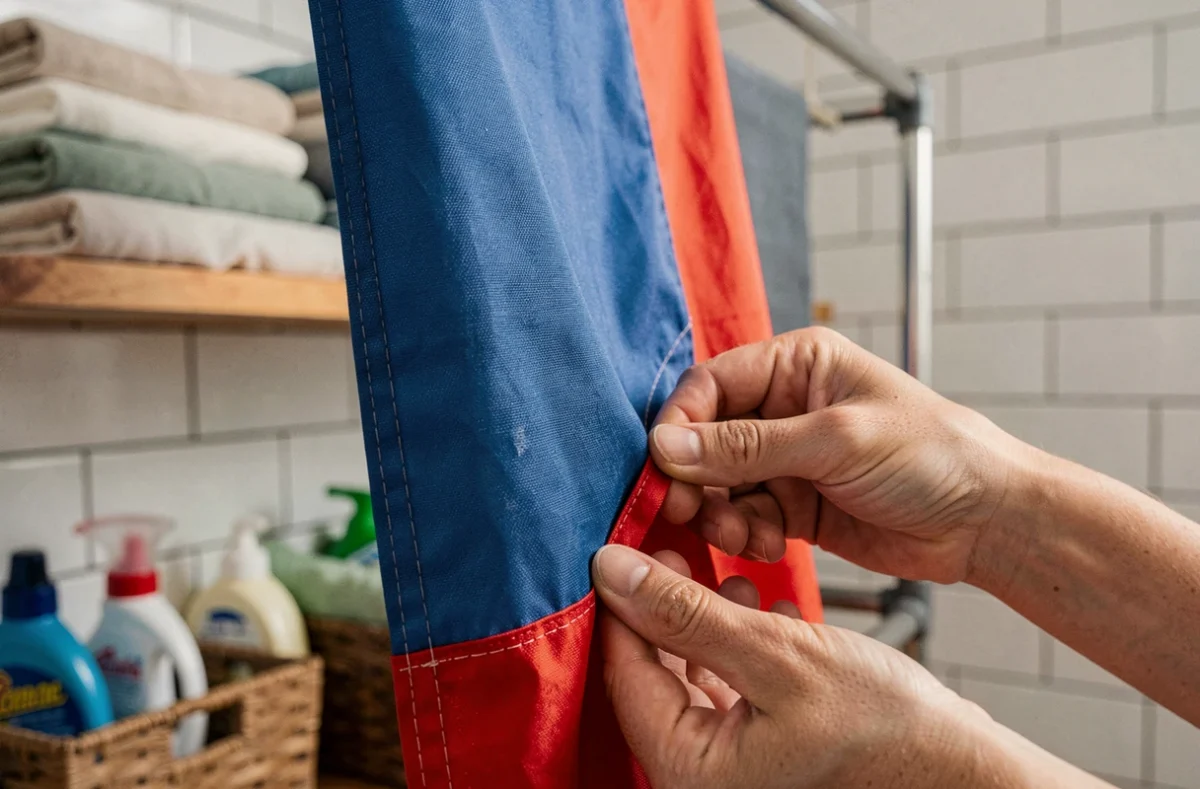 Gros plan sur les mains d'une femme inspectant les coutures et le bord d'un drapeau bleu et rouge suspendu à un séchoir intérieur