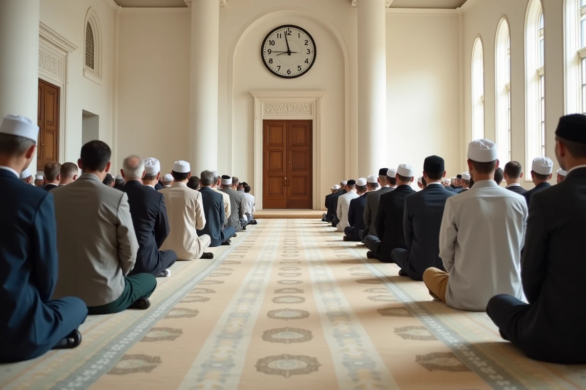 Intérieur d'une mosquée à Béziers avec des fidèles alignés pour la prière du vendredi