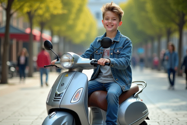 Jeune garçon souriant avec scooter en ville