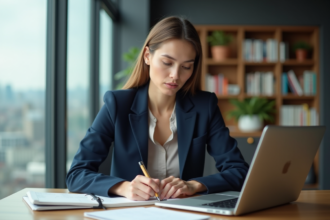 Jeune femme entrepreneure en bureau moderne en train de dessiner