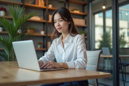 Jeune femme professionnelle travaillant sur un ordinateur dans un bureau lumineux