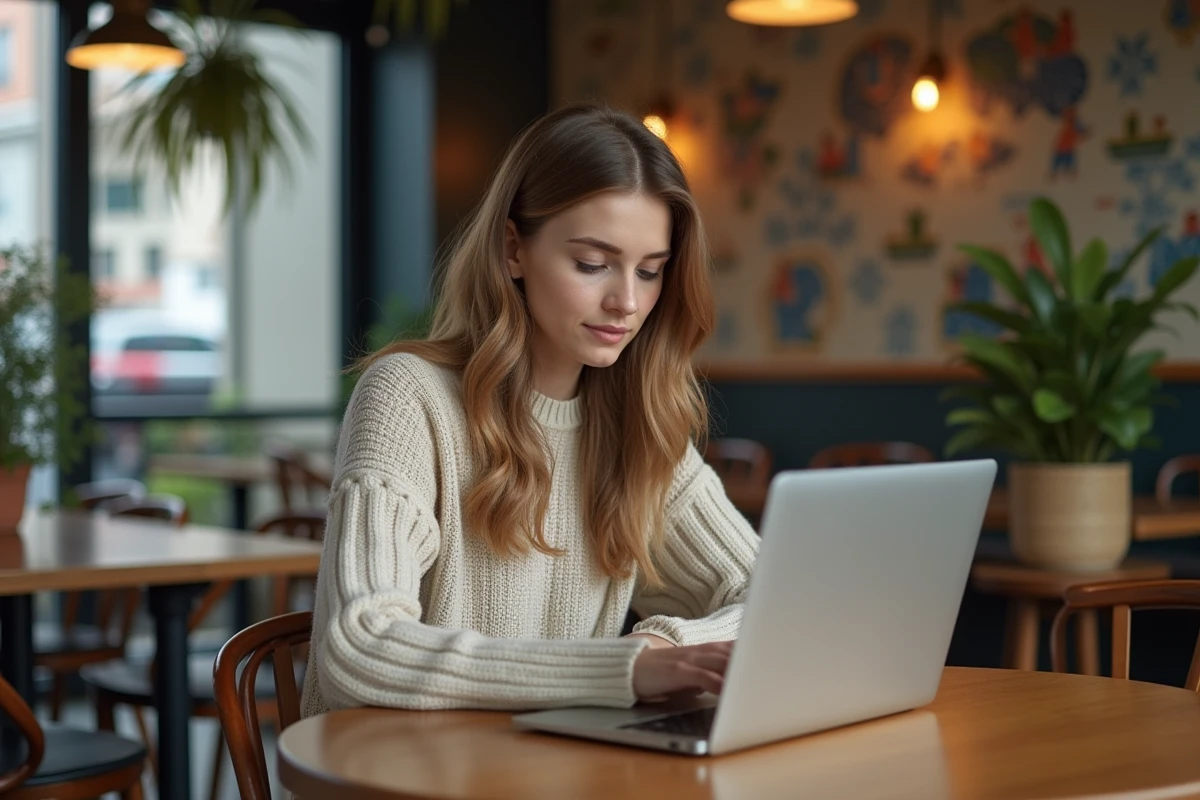 Jeune femme concentrée sur son ordinateur dans un café moderne