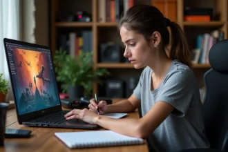 Jeune femme concentrée jouant à un jeu vidéo dans un bureau à domicile