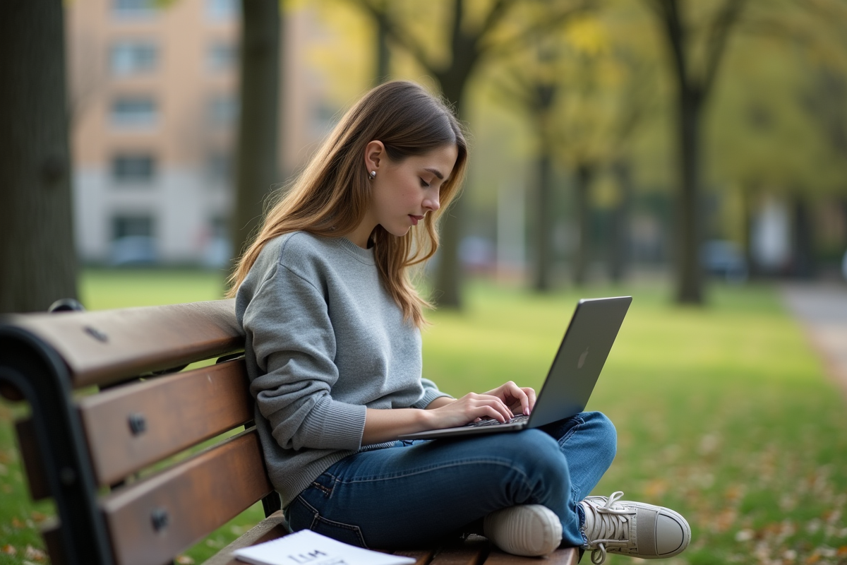Jeune femme étudie sur un banc dans un parc