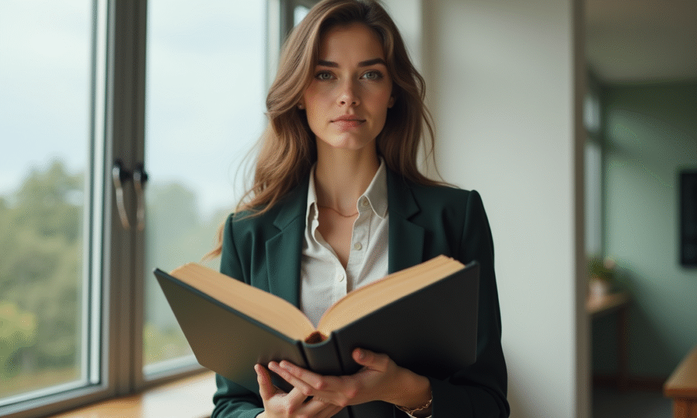 Jeune femme confiante tenant un livre de droit civil français