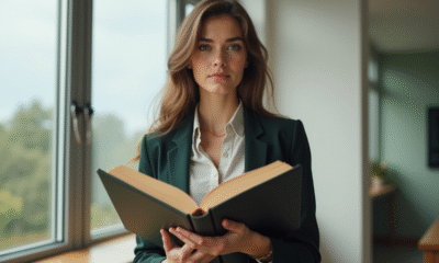 Jeune femme confiante tenant un livre de droit civil français