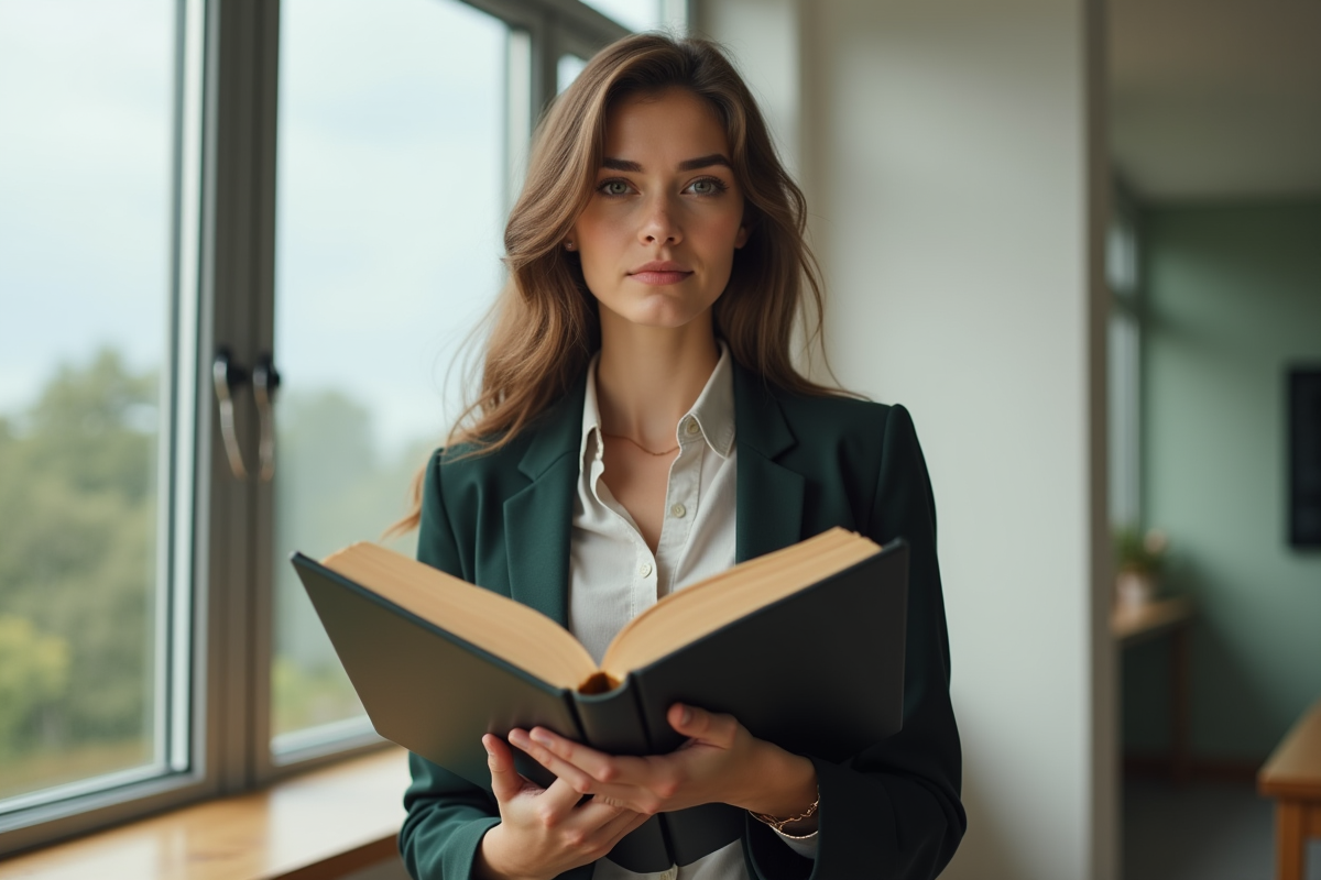 Jeune femme confiante tenant un livre de droit civil français