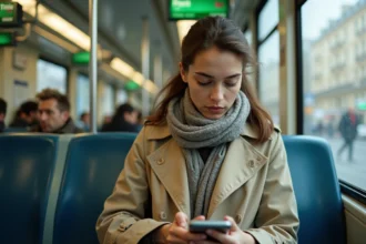 Jeune femme dans le métro de Paris en train de regarder son téléphone