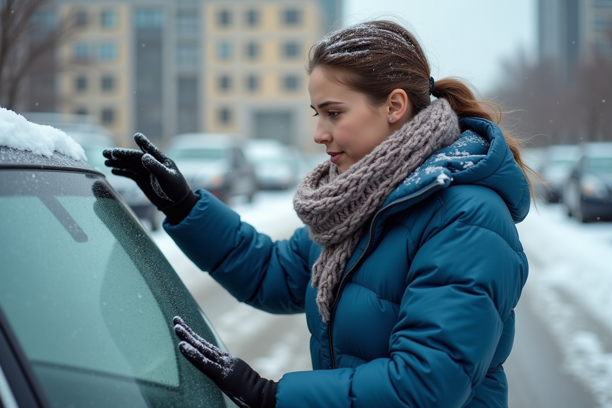 Jeune femme nettoyant son pare-brise en hiver en ville