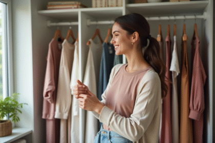Jeune femme organisant ses vêtements dans un placard moderne