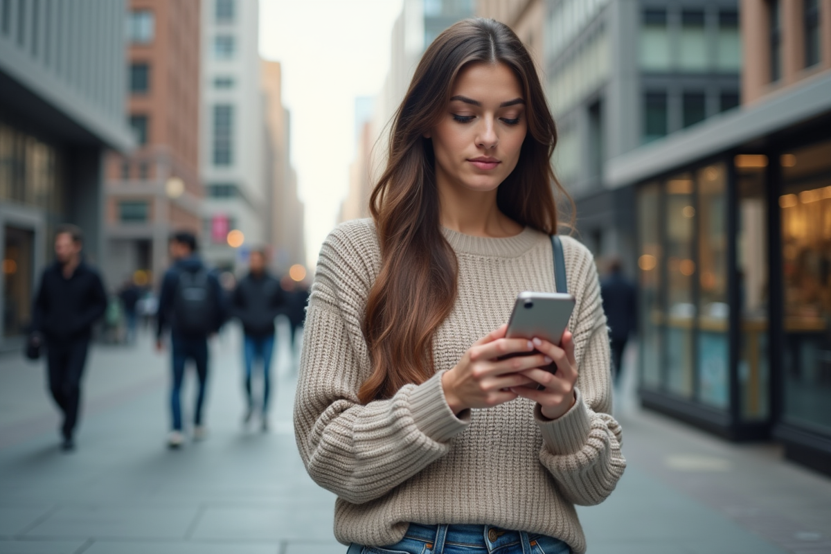Jeune femme dans la rue utilisant un smartphone avec un regard pensif