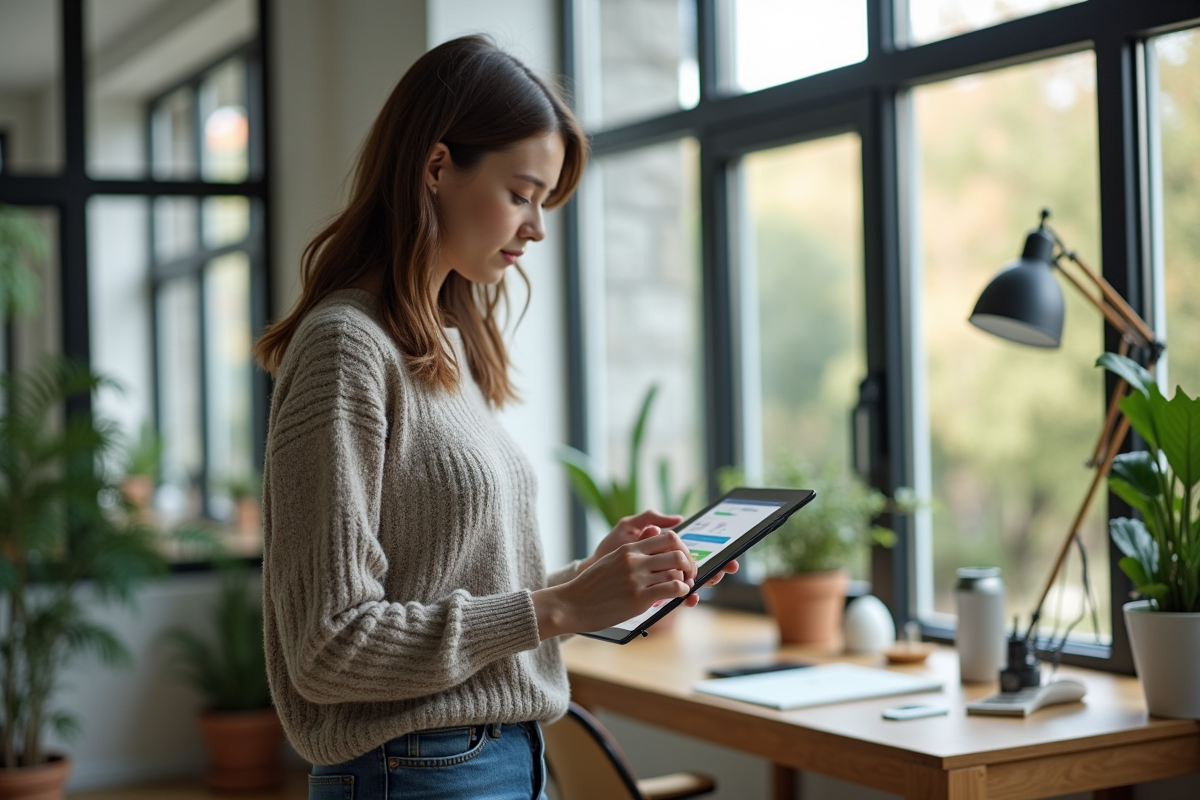 Jeune femme utilisant une tablette devant une grande fenêtre