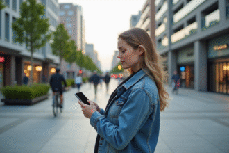Jeune femme en ville observant l'animation urbaine