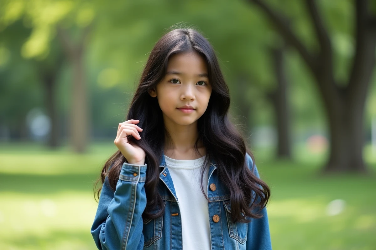 Jeune fille avec cheveux longs et ondulés en train de tresser ses cheveux dans un parc