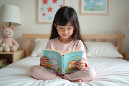 Jeune fille lisant un livre dans sa chambre douce et colorée