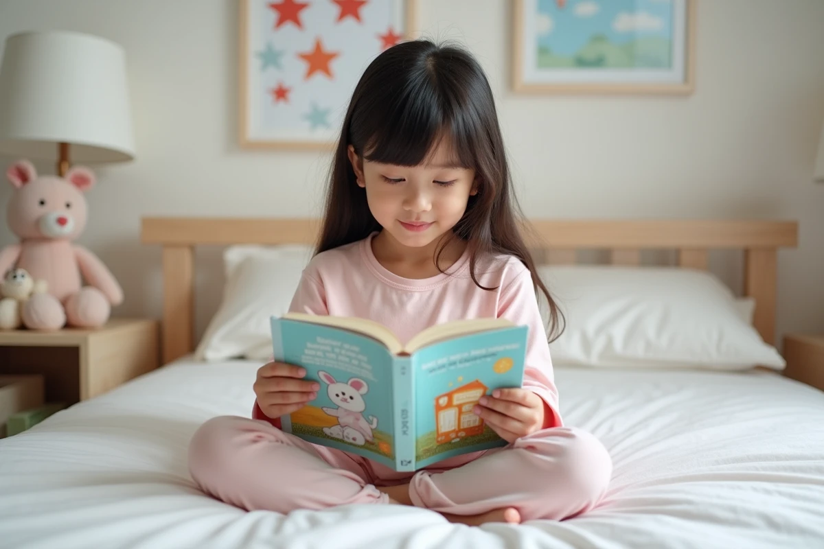 Jeune fille lisant un livre dans sa chambre douce et colorée