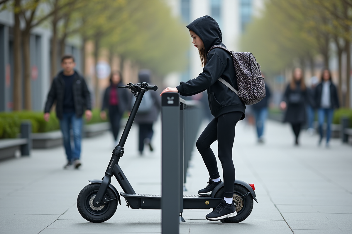 Fille verrouillant son scooter en milieu urbain