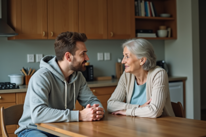 Jeune homme et mère discutant à la cuisine chaleureuse