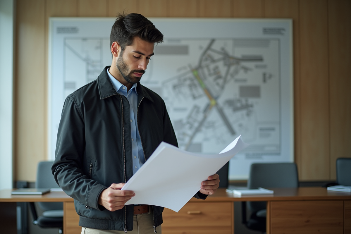 Jeune homme officiel urbain étudie plans dans un bureau