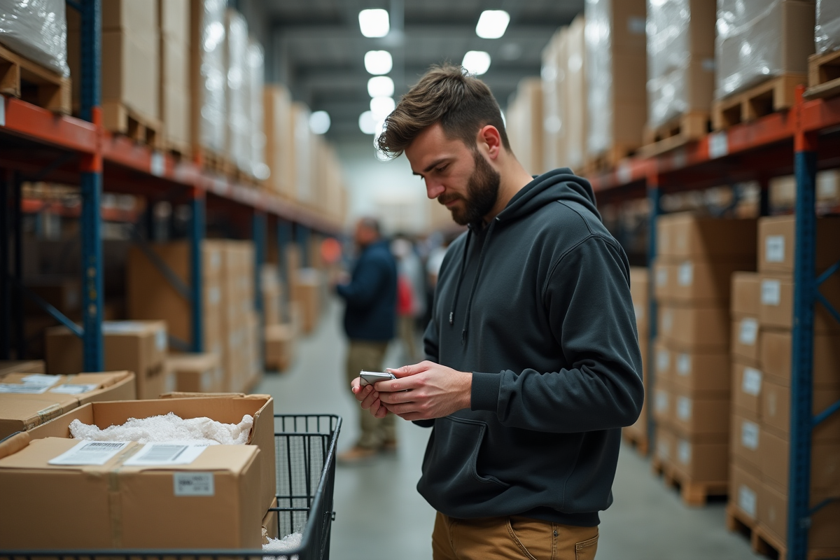 Jeune homme regardant un colis dans un entrepôt animé