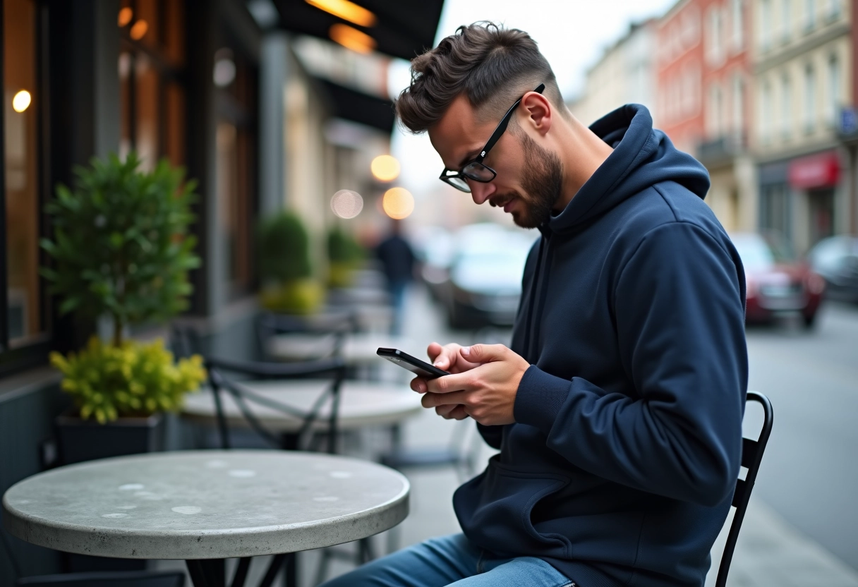 Jeune homme regardant Instagram dans un café urbain