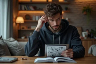 Jeune homme lisant manga sur tablette dans un appartement