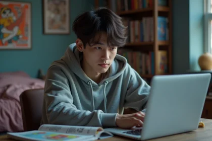 Jeune homme lisant manga sur son ordinateur portable