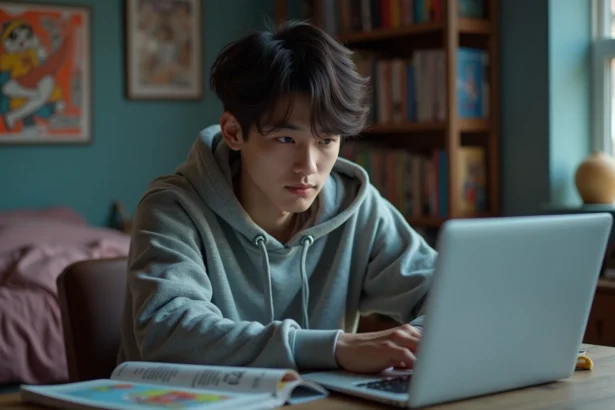 Jeune homme lisant manga sur son ordinateur portable