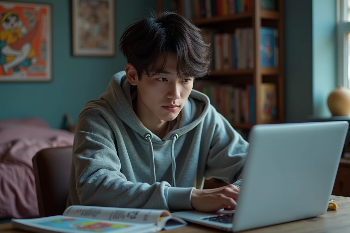 Jeune homme lisant manga sur son ordinateur portable