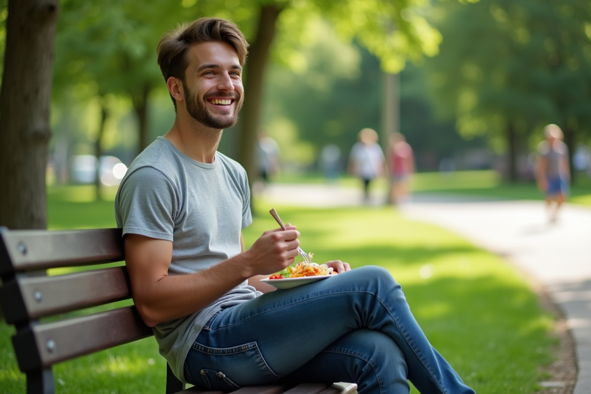 Jeune homme souriant mangeant sur un banc dans un parc vert
