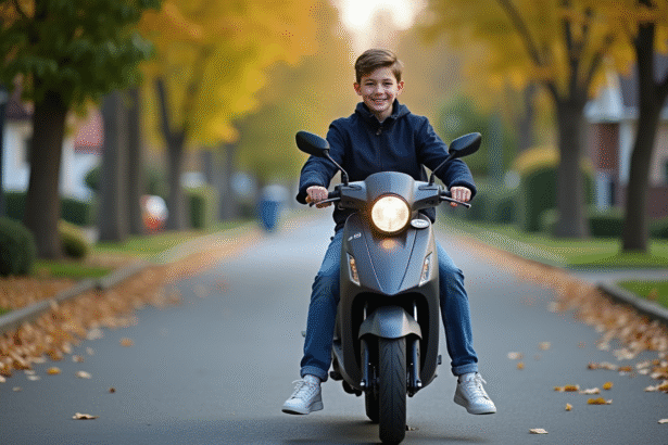 Jeune garçon sur scooter en automne dans la rue
